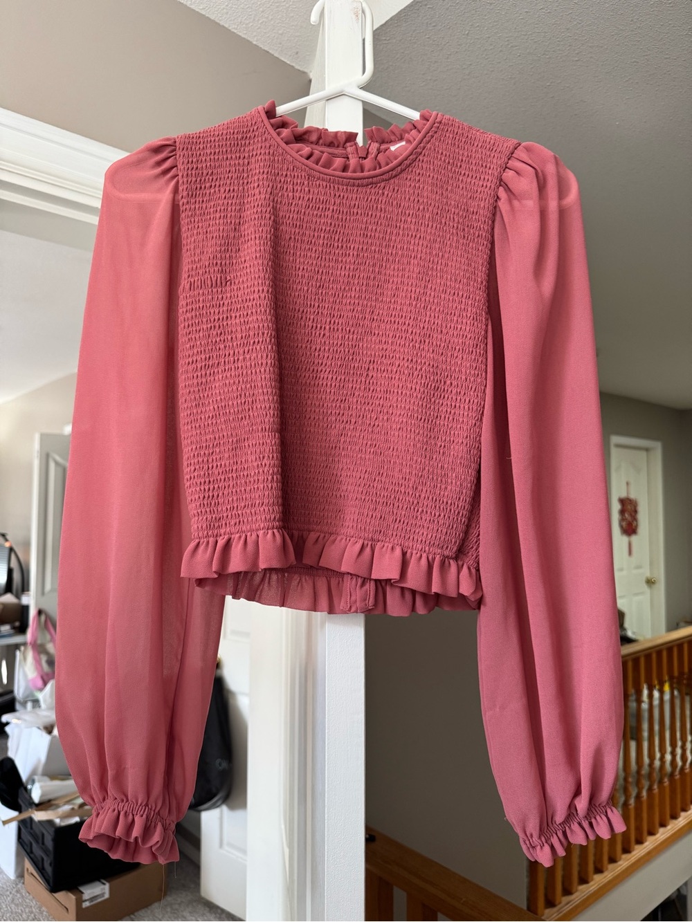Aritzia Wilfred Smocked Ruffle Red/Pink Longsleeve Tempest Blouse Size S
